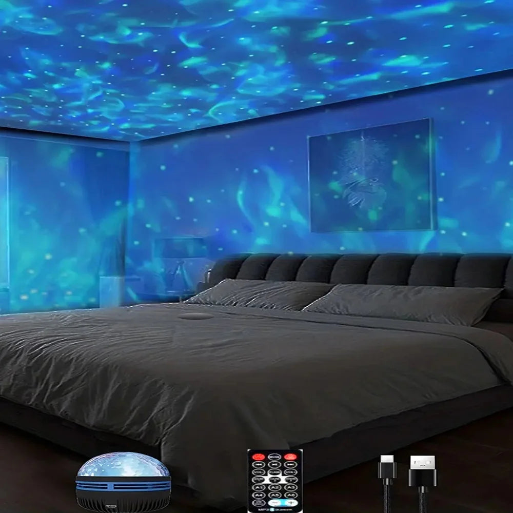 Projetor de estrelas, projetor de galáxias, projetor de ondas do oceano, luz noturna para decoração de quarto com padrões de 7 cores