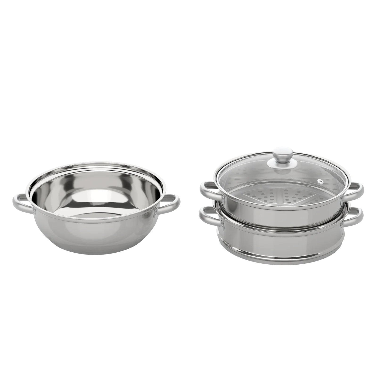 Panela a vapor de aço inoxidável de 3 camadas de 28 cm para cozinhar alimentos + tampa de vidro, conjunto de panelas a vapor, panela quente prateada, vaporizador de vegetais