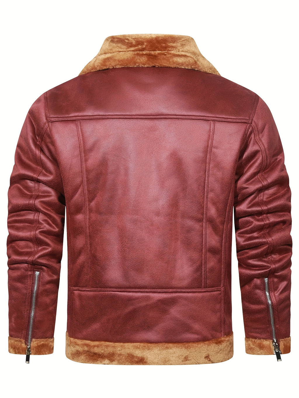Men's Slim Fit Jacket with Faux Fur Trim - Casual Brown Zip-Up Coat, Long Sleeve, Polyester Blend for Casual Attire
