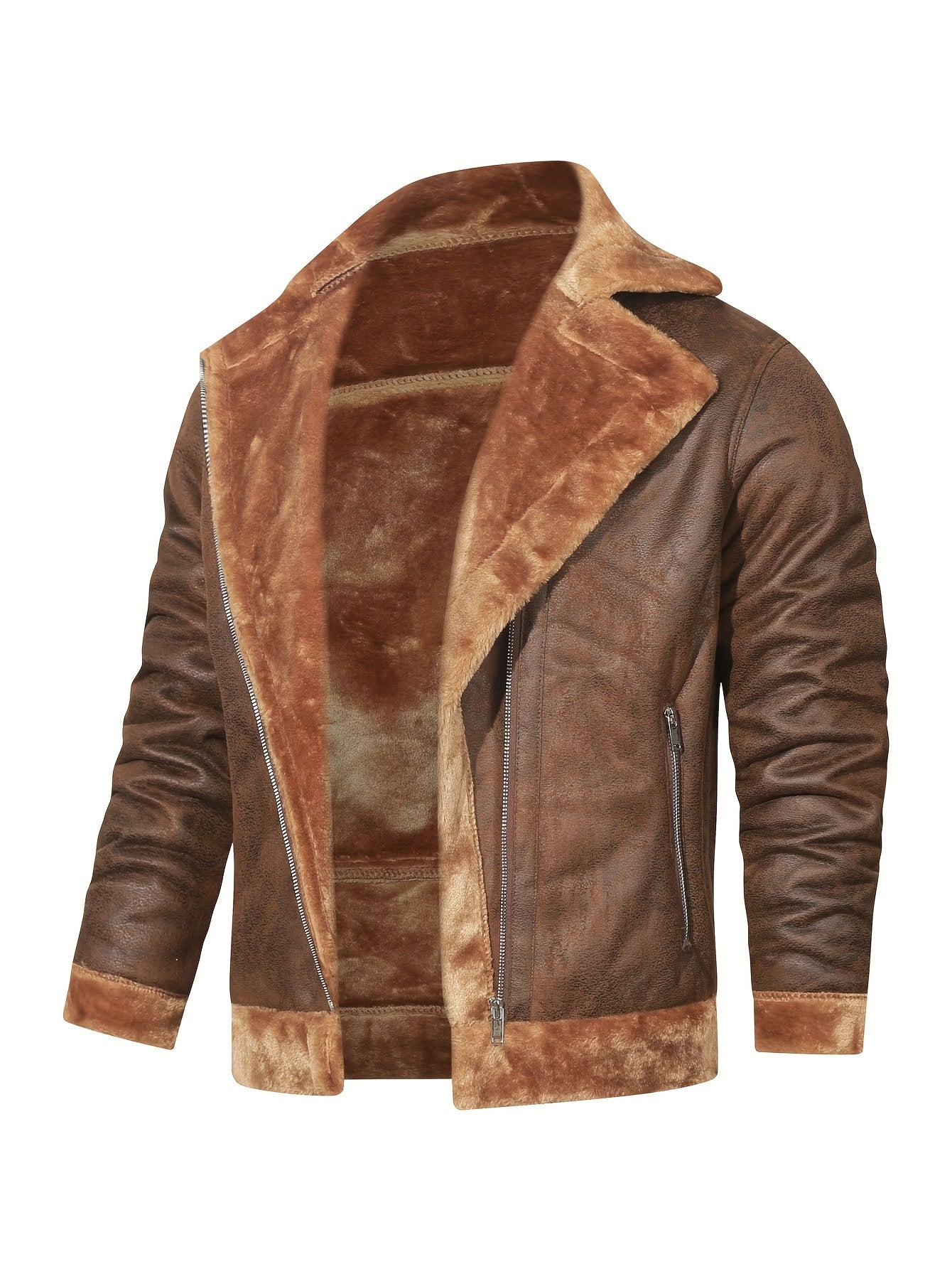 Men's Slim Fit Jacket with Faux Fur Trim - Casual Brown Zip-Up Coat, Long Sleeve, Polyester Blend for Casual Attire