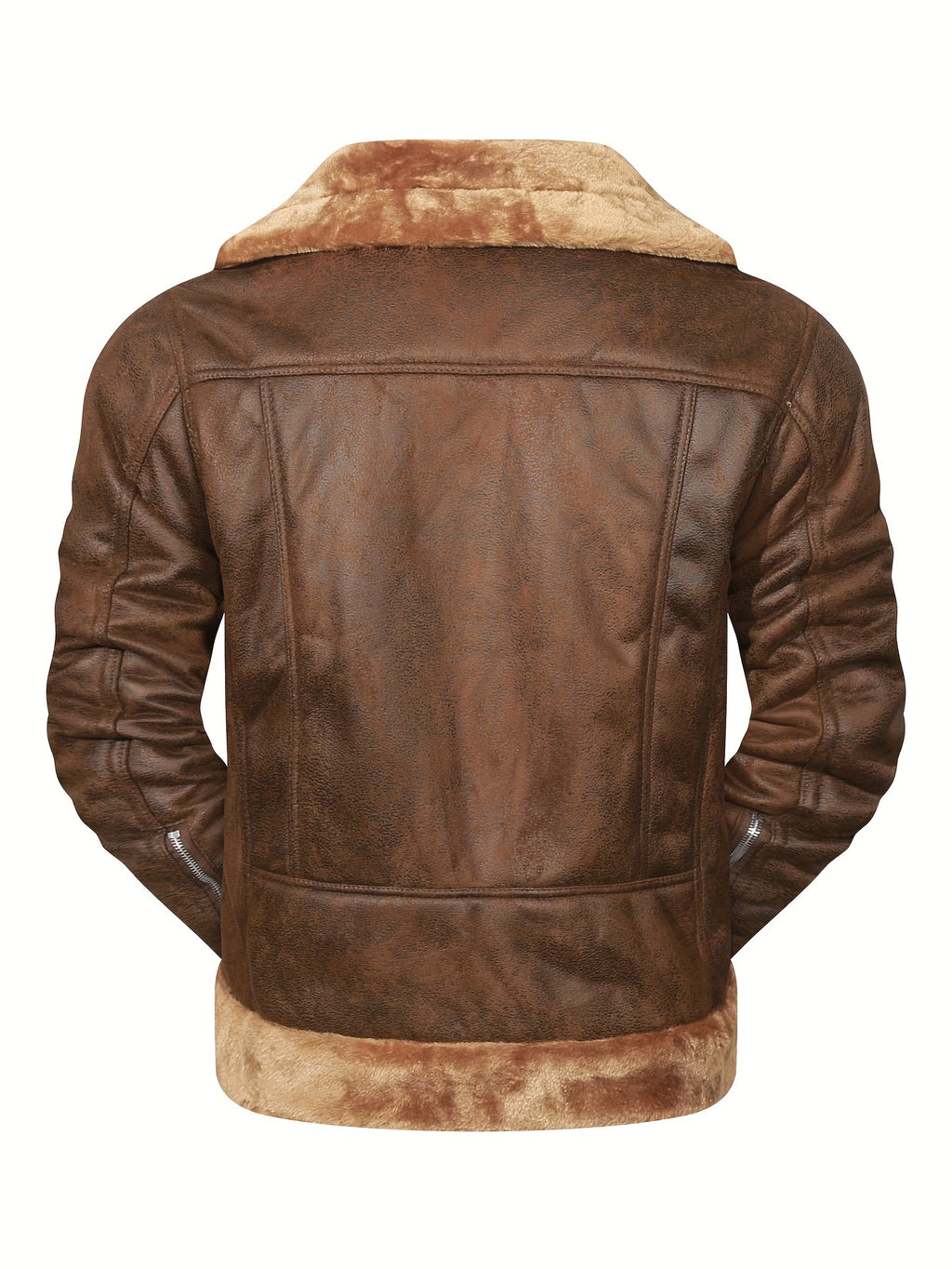 Men's Slim Fit Jacket with Faux Fur Trim - Casual Brown Zip-Up Coat, Long Sleeve, Polyester Blend for Casual Attire