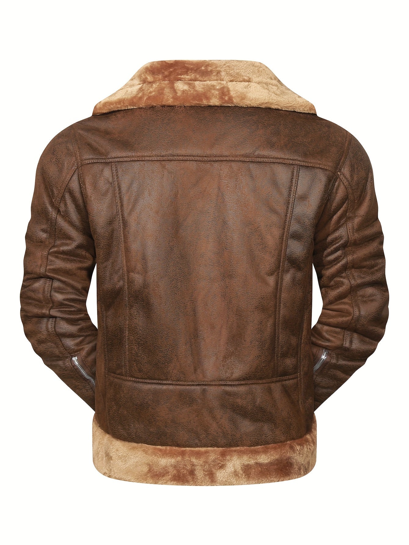 Men's Slim Fit Jacket with Faux Fur Trim - Casual Brown Zip-Up Coat, Long Sleeve, Polyester Blend for Casual Attire