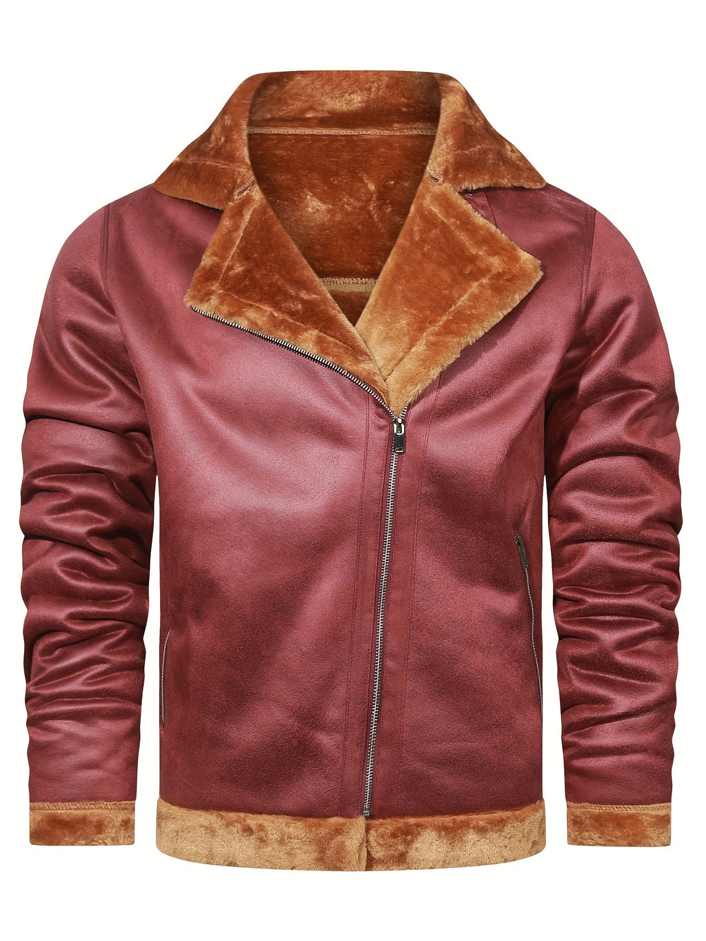 Men's Slim Fit Jacket with Faux Fur Trim - Casual Brown Zip-Up Coat, Long Sleeve, Polyester Blend for Casual Attire