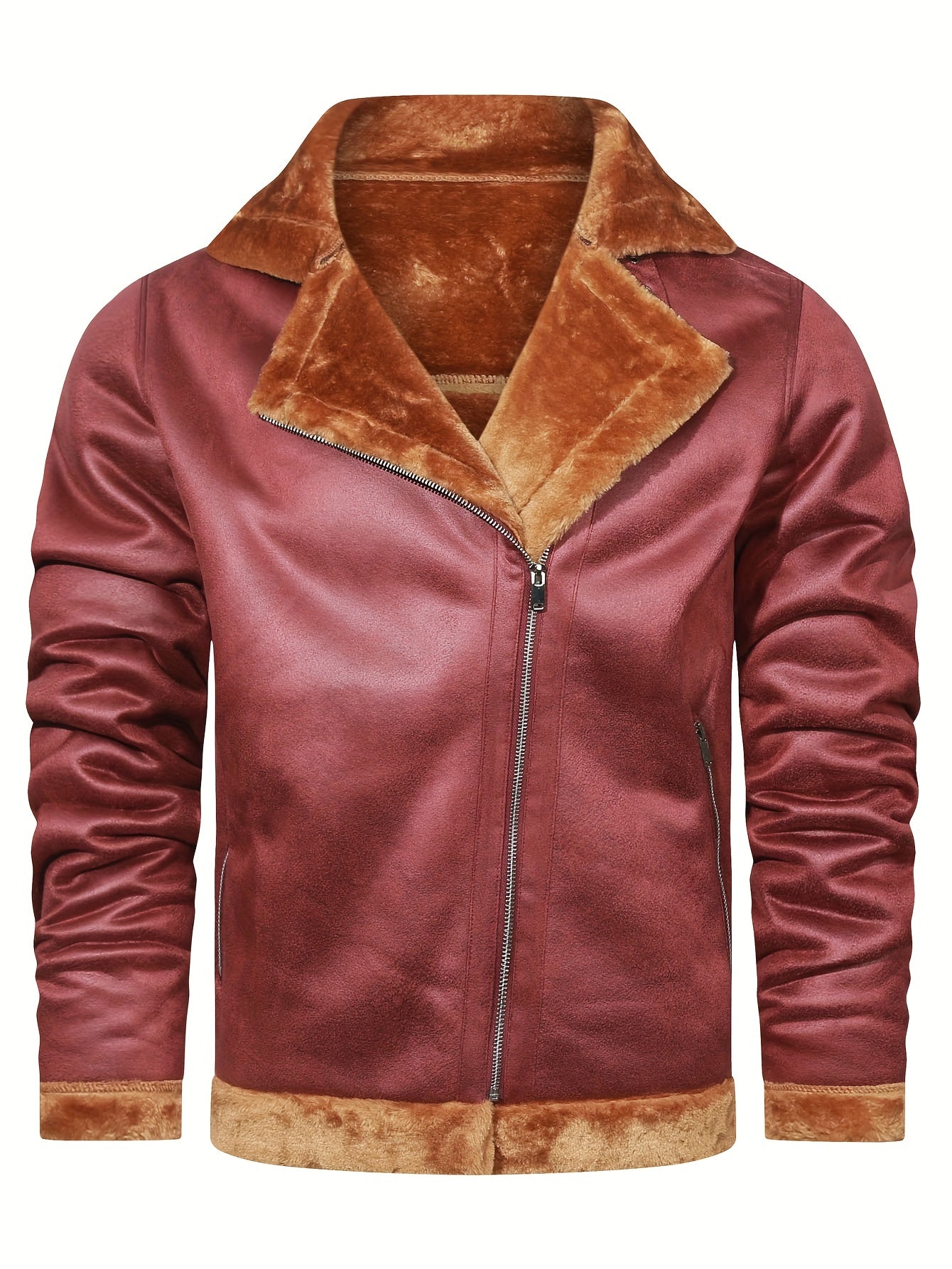 Men's Slim Fit Jacket with Faux Fur Trim - Casual Brown Zip-Up Coat, Long Sleeve, Polyester Blend for Casual Attire