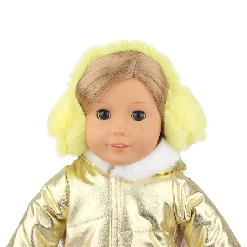 Acessórios fofos para bonecas, 18 polegadas, boneca americana, cobertura para orelhas, desenho amarelo, rosto sorridente, roupas de inverno para boneca recém-nascida de 43 cm