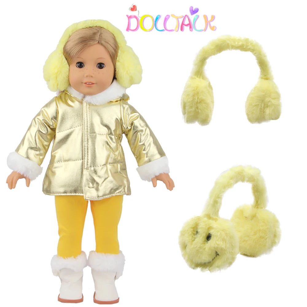 Acessórios fofos para bonecas, 18 polegadas, boneca americana, cobertura para orelhas, desenho amarelo, rosto sorridente, roupas de inverno para boneca recém-nascida de 43 cm