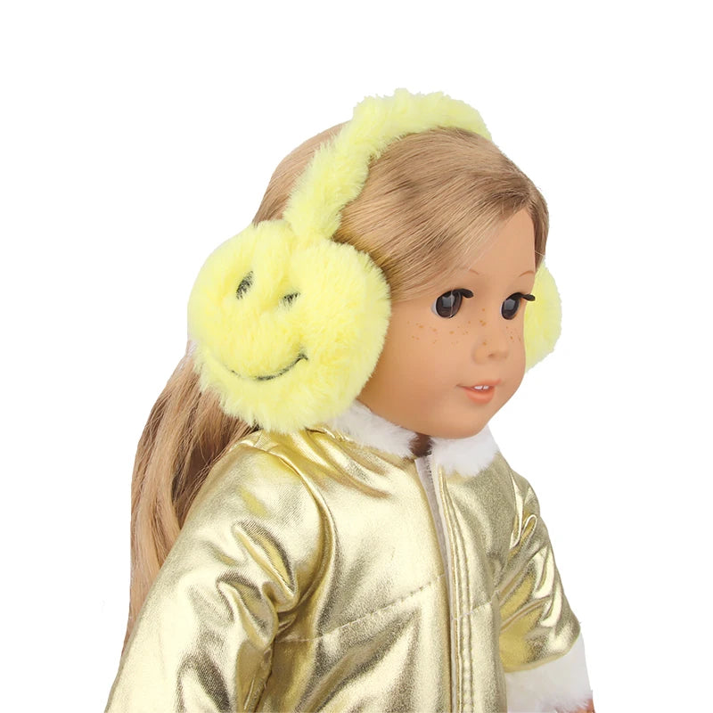 Acessórios fofos para bonecas, 18 polegadas, boneca americana, cobertura para orelhas, desenho amarelo, rosto sorridente, roupas de inverno para boneca recém-nascida de 43 cm