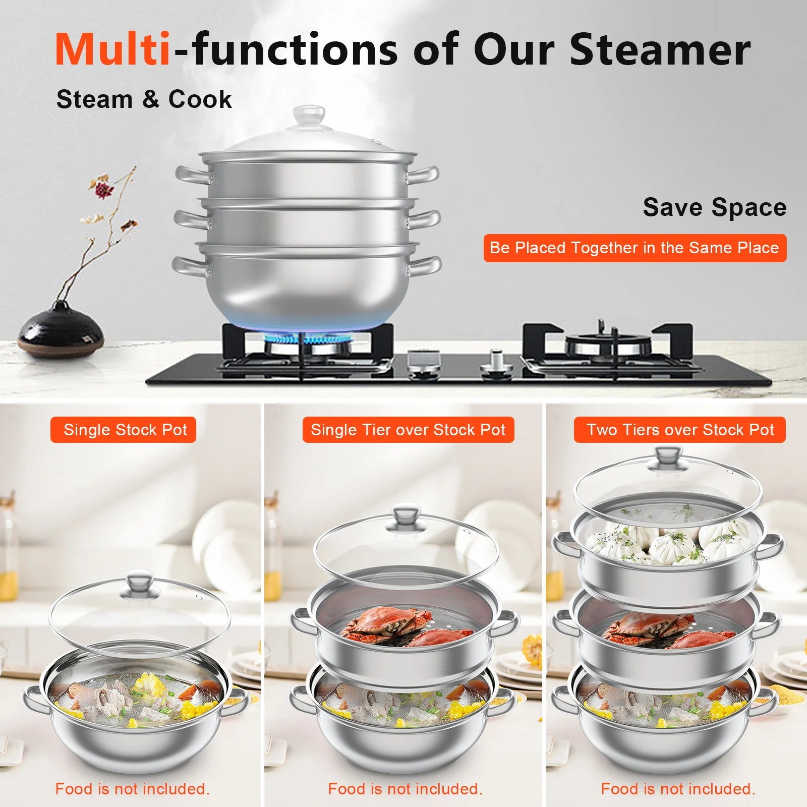 Panela a vapor de aço inoxidável de 3 camadas de 28 cm para cozinhar alimentos + tampa de vidro, conjunto de panelas a vapor, panela quente prateada, vaporizador de vegetais
