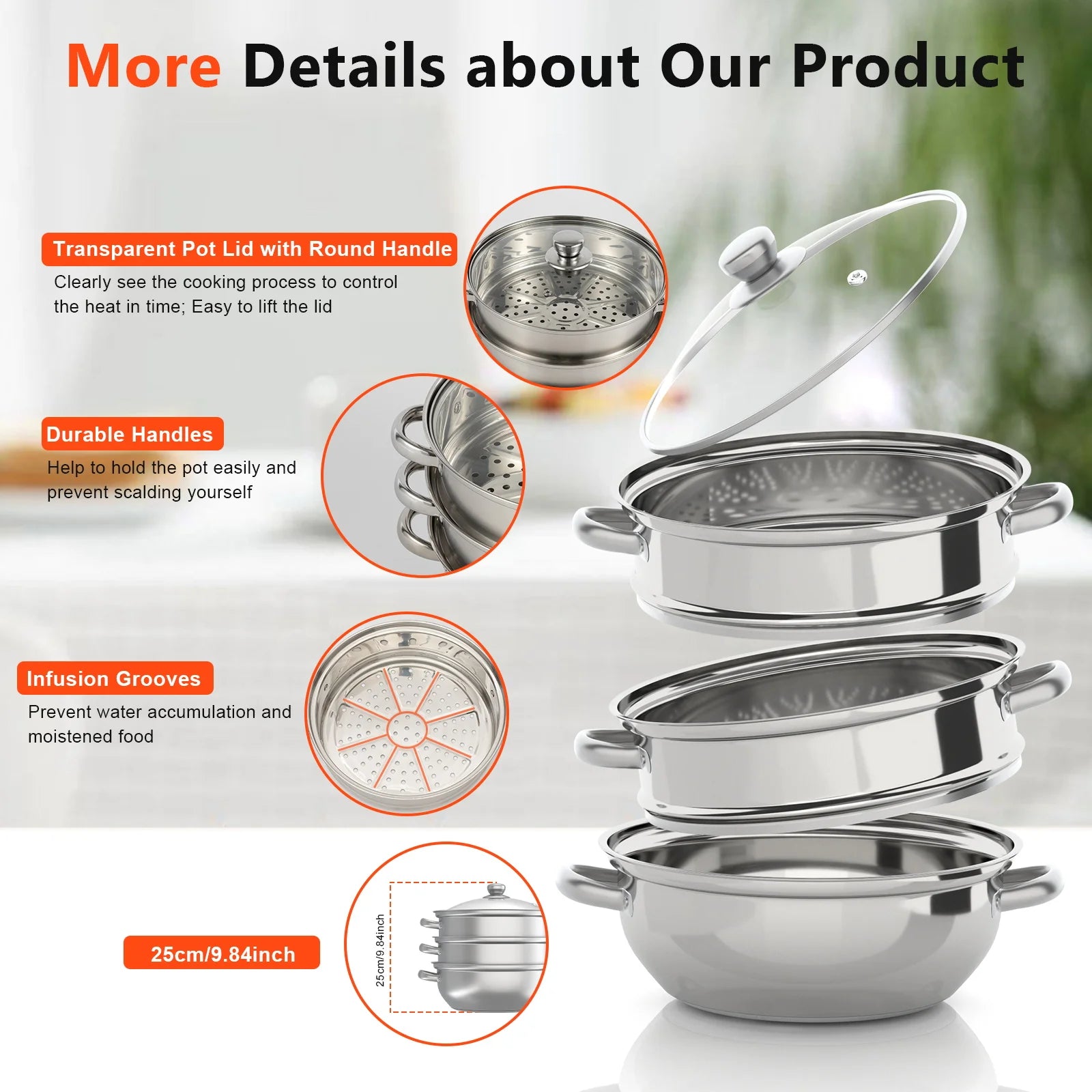 Panela a vapor de aço inoxidável de 3 camadas de 28 cm para cozinhar alimentos + tampa de vidro, conjunto de panelas a vapor, panela quente prateada, vaporizador de vegetais