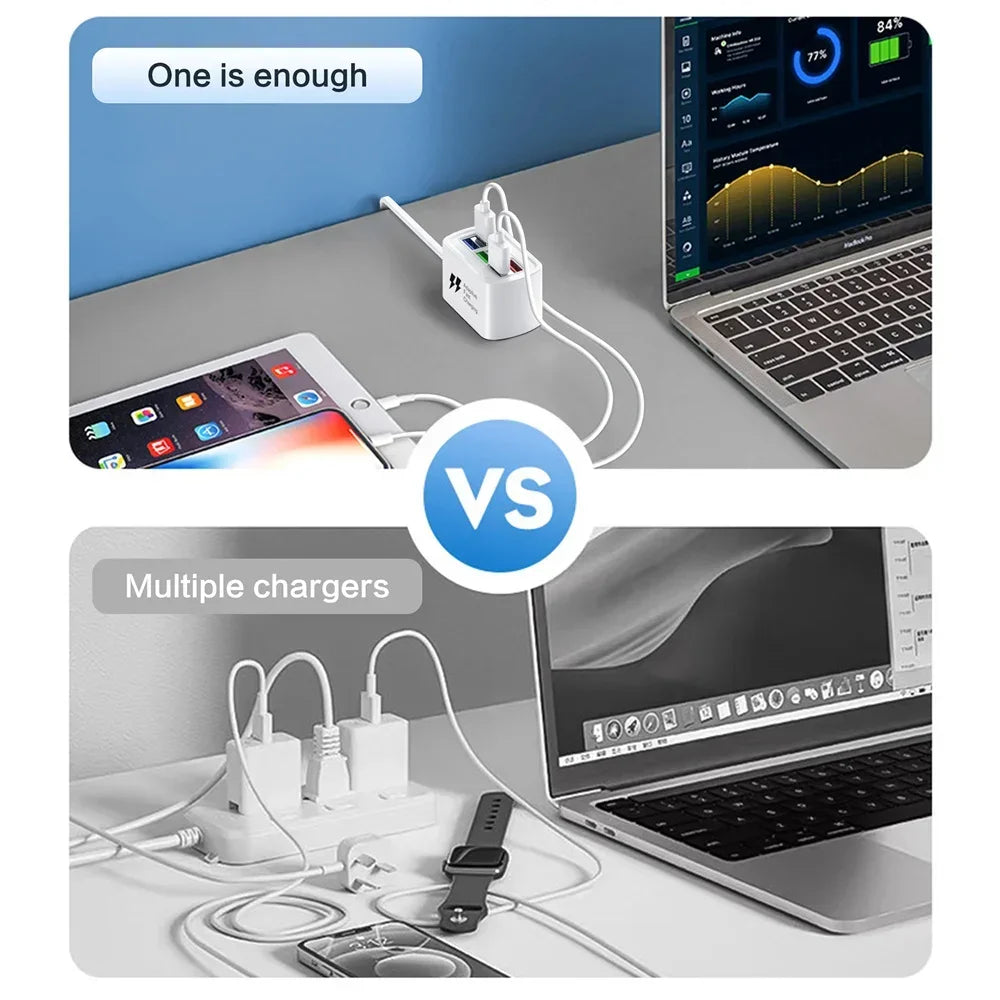 Carregador USB rápido 6 em 1, estação de carregamento de secretária, carregamento rápido, cabo de 1 m, adaptador de hub USB, tomada para iPhone 16