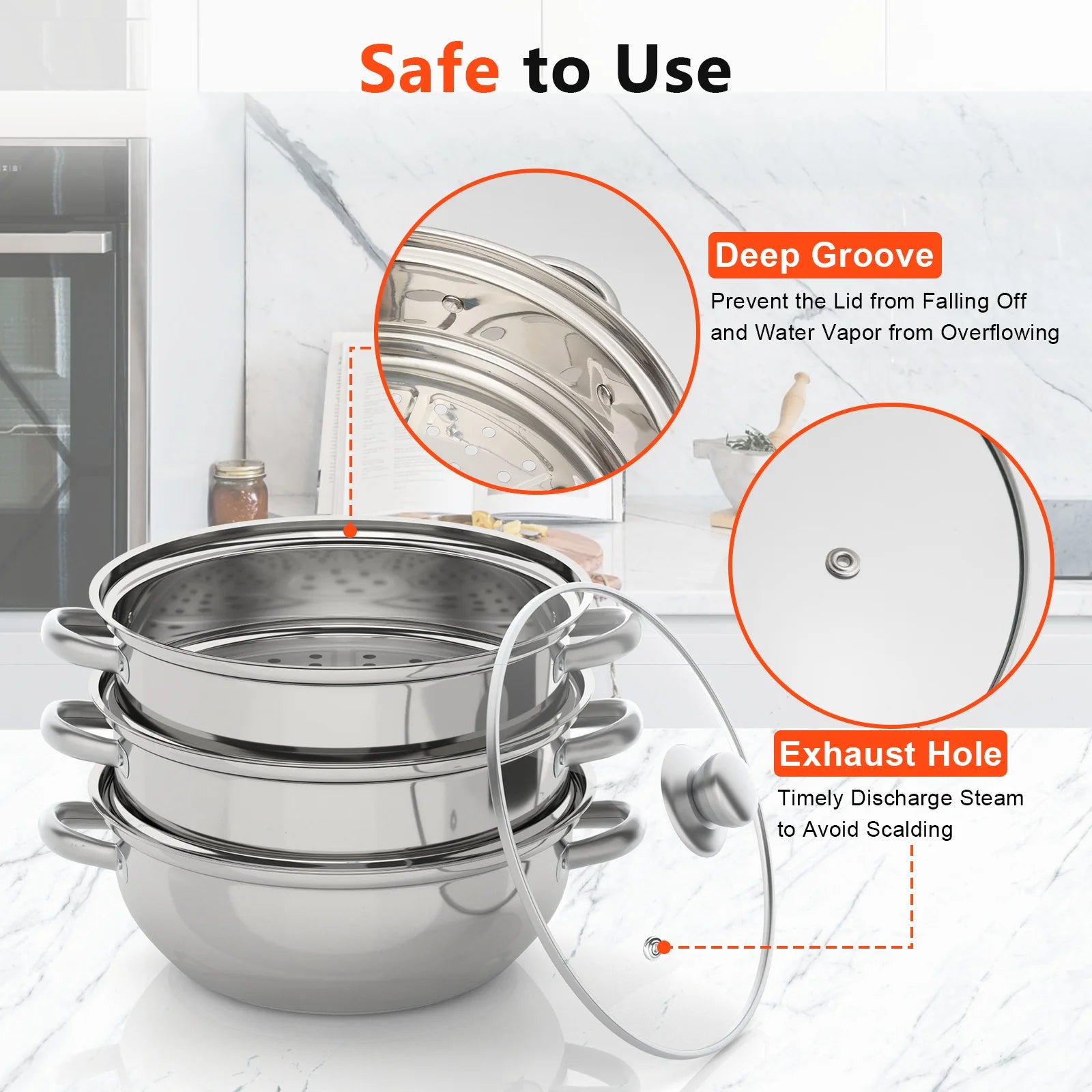 Panela a vapor de aço inoxidável de 3 camadas de 28 cm para cozinhar alimentos + tampa de vidro, conjunto de panelas a vapor, panela quente prateada, vaporizador de vegetais