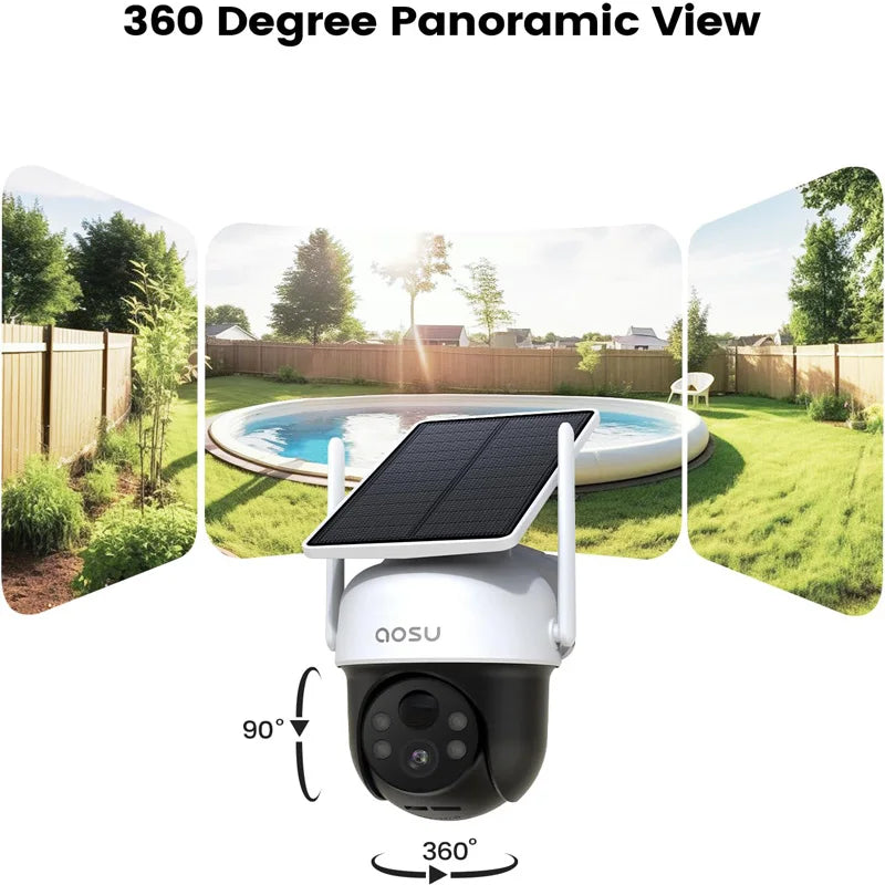 Câmera AOSU 3MP 100% sem fio, Wi-Fi solar, bateria de 5000 mAh, câmera de segurança com áudio bidirecional, painel solar sem fio, câmera PTZ CCTV