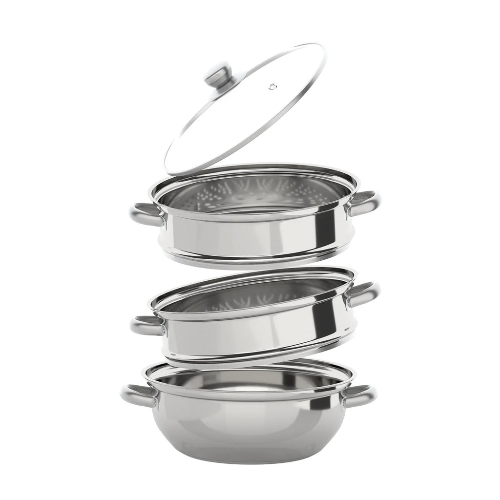 Panela a vapor de aço inoxidável de 3 camadas de 28 cm para cozinhar alimentos + tampa de vidro, conjunto de panelas a vapor, panela quente prateada, vaporizador de vegetais
