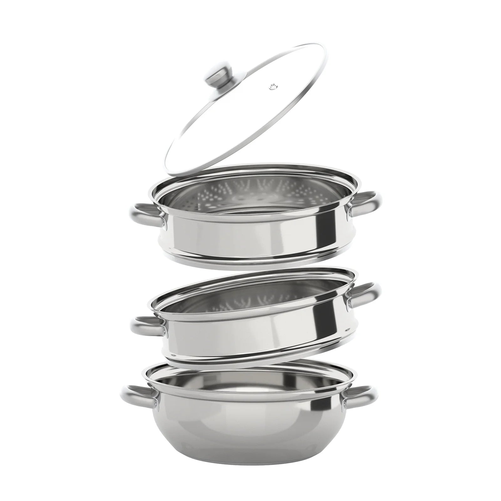 Panela a vapor de aço inoxidável de 3 camadas de 28 cm para cozinhar alimentos + tampa de vidro, conjunto de panelas a vapor, panela quente prateada, vaporizador de vegetais
