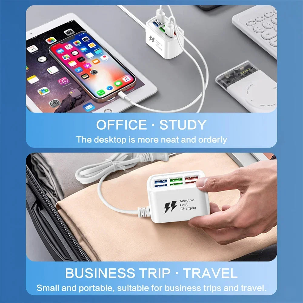 Carregador USB rápido 6 em 1, estação de carregamento de secretária, carregamento rápido, cabo de 1 m, adaptador de hub USB, tomada para iPhone 16