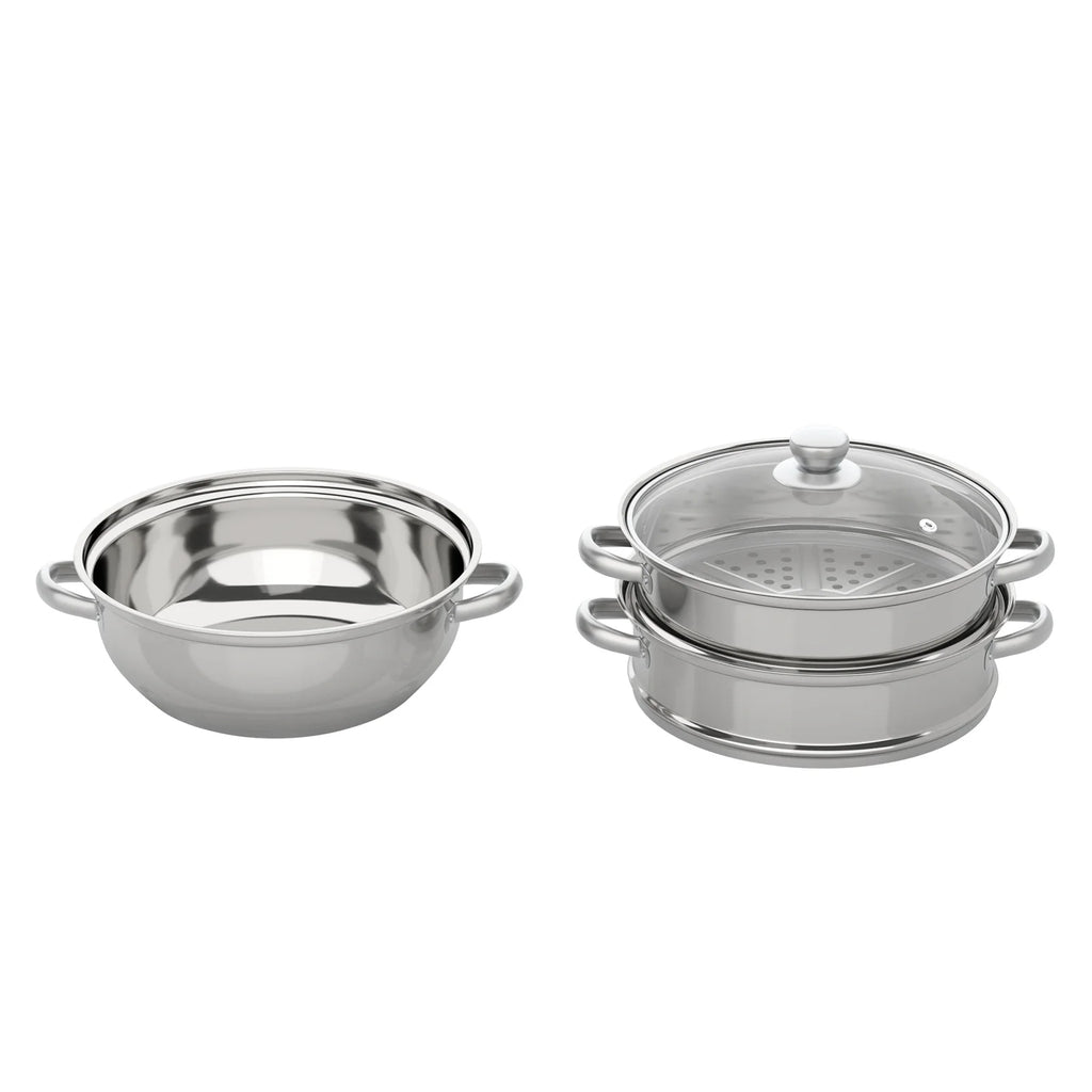 Panela a vapor de aço inoxidável de 3 camadas de 28 cm para cozinhar alimentos + tampa de vidro, conjunto de panelas a vapor, panela quente prateada, vaporizador de vegetais