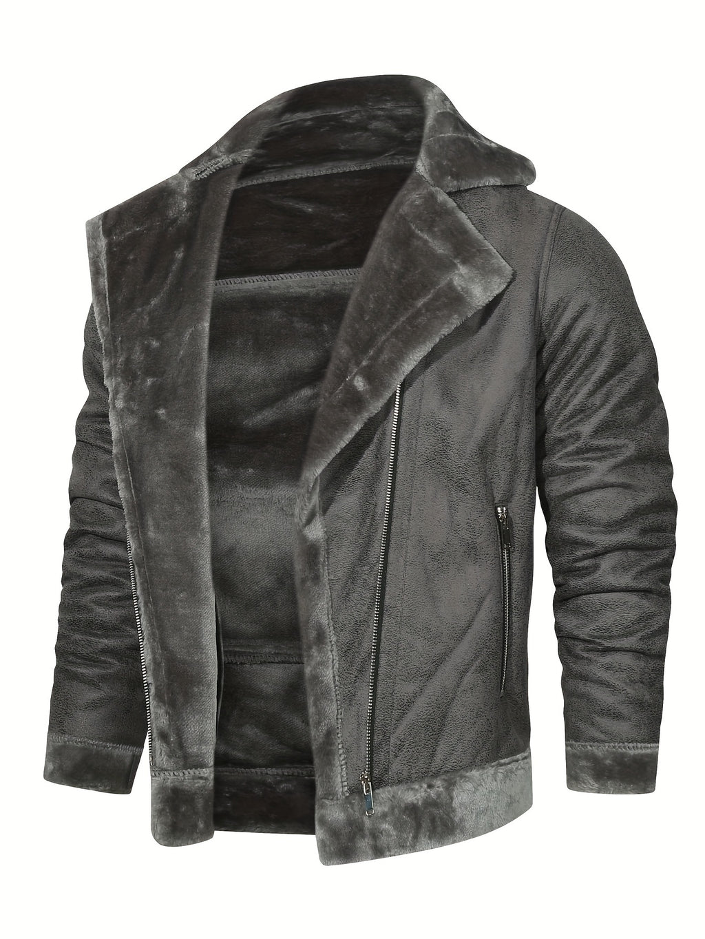 Men's Slim Fit Jacket with Faux Fur Trim - Casual Brown Zip-Up Coat, Long Sleeve, Polyester Blend for Casual Attire