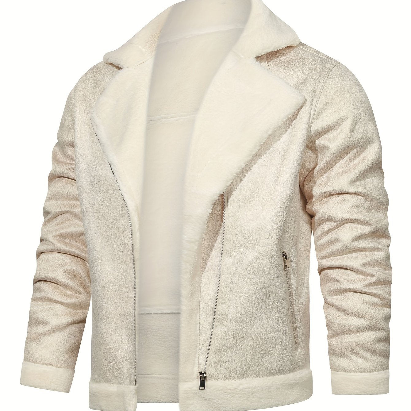 Men's Slim Fit Jacket with Faux Fur Trim - Casual Brown Zip-Up Coat, Long Sleeve, Polyester Blend for Casual Attire