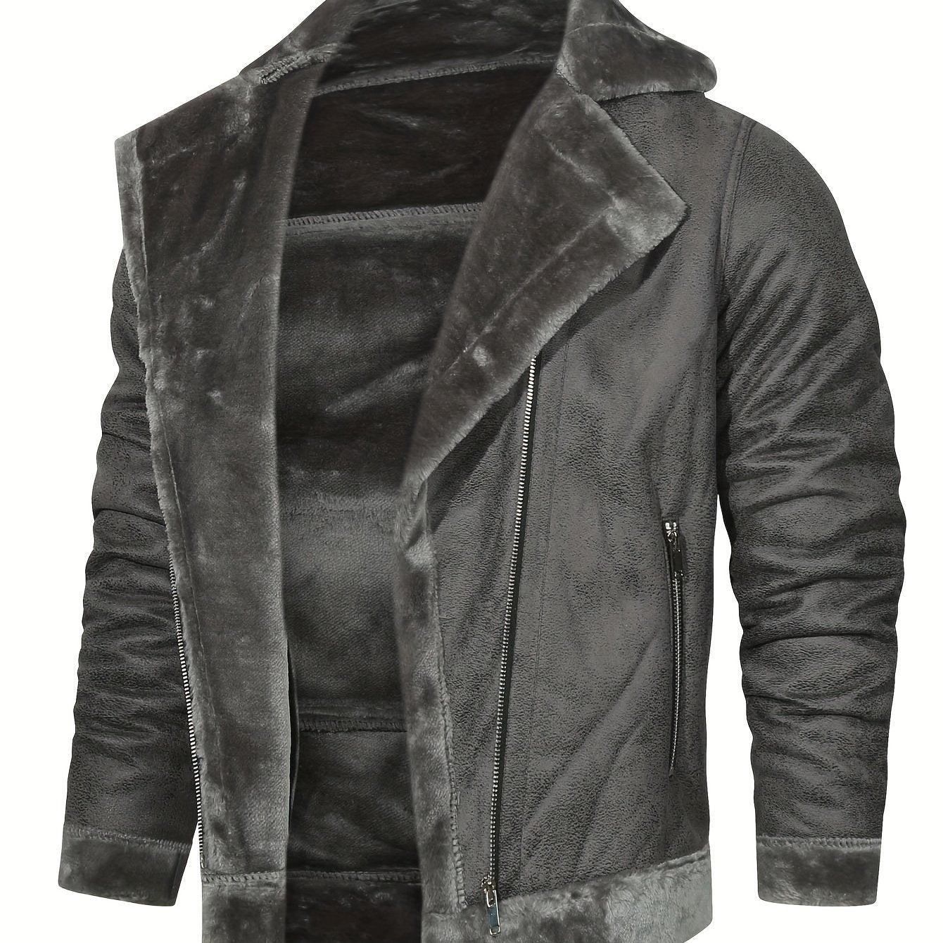 Men's Slim Fit Jacket with Faux Fur Trim - Casual Brown Zip-Up Coat, Long Sleeve, Polyester Blend for Casual Attire